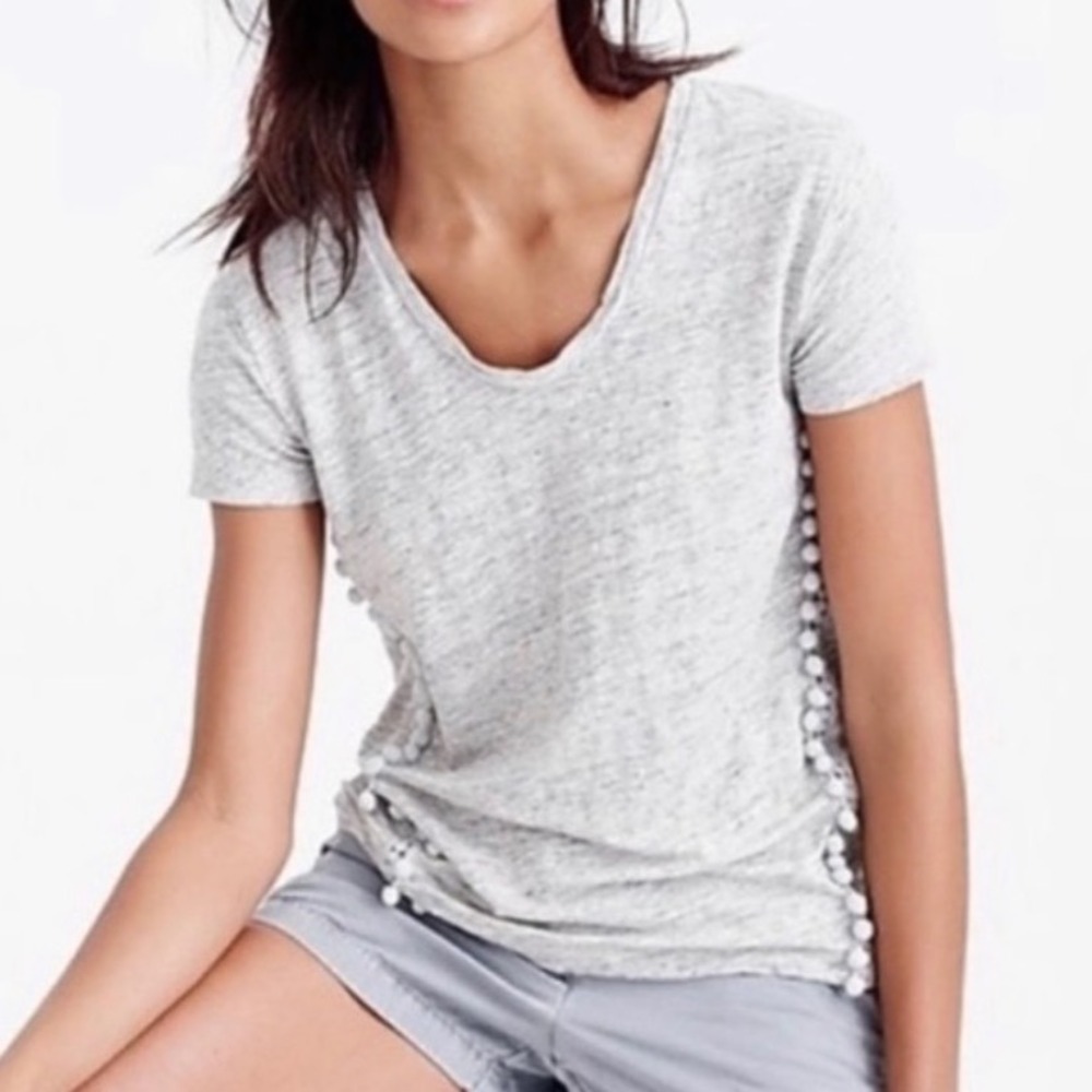 J CREW Gray Heather LINEN KNIT TOP T-SHIRT Cute Pom-Pom Trim SCOOP NECK sz L